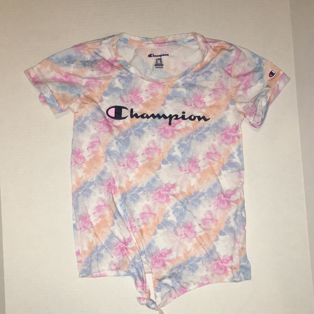 Champion Girls' Tie-Dye Logo Tee in Pastel Pink, Blue & Peach | size L (12)